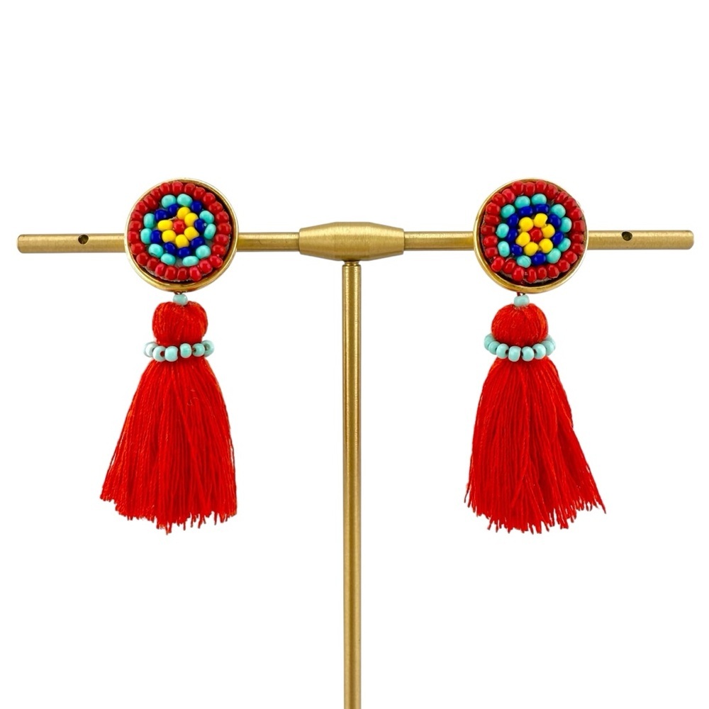 J. Crew Multicolor Beaded Red Tassel Earrings